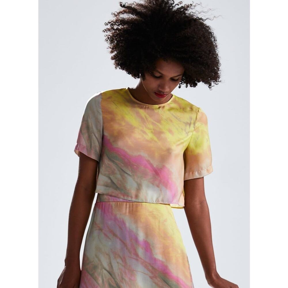 Zara Tie Dye Watercolor Crop Top Blouse Size XS Short Sleeve